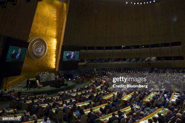 President Donald Trump speak during the UN General Assembly meeting in New York, U.S., on Tuesday, Sept. 19, 2017. Trump told world leaders in his...