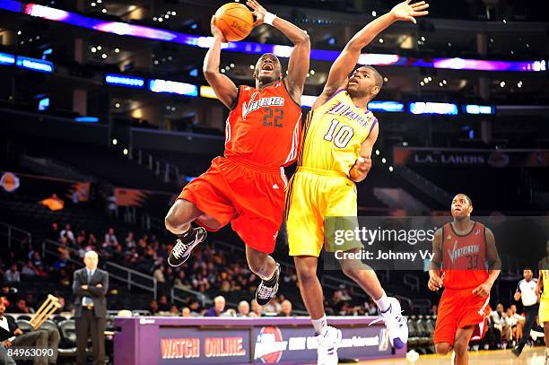 Craig Winder of the Rio Grande Valley Vipers has his shot challenged by Darren Cooper of the Los Angeles D-Fenders at Staples Center on February 20,...