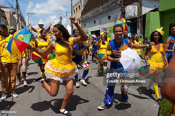 Frevo dancers during the parade of the "Galo da Madrugada" on February 21, 2009 in central Recife, Brazil. Certified by the Guinness Book of Records...