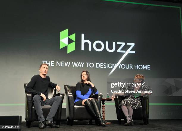 Houzz Co-Founder and President Alon Cohen, Houzz Co-Founder and CEO Adi Tatarko, and TechCrunch moderator Ingrid Lunden speak onstage during...