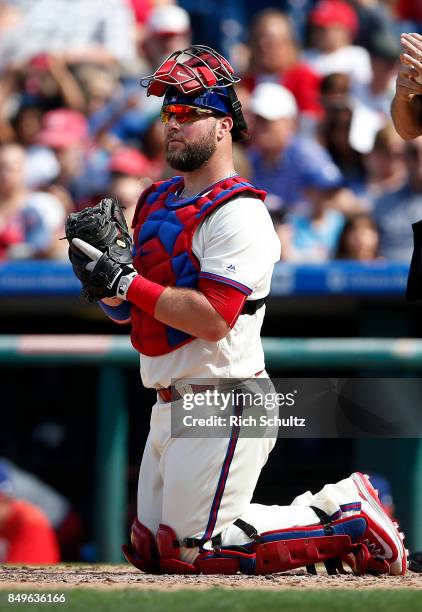 Cameron Rupp of the Philadelphia Phillies in action against the Oakland Athletics during a game at Citizens Bank Park on September 17, 2017 in...