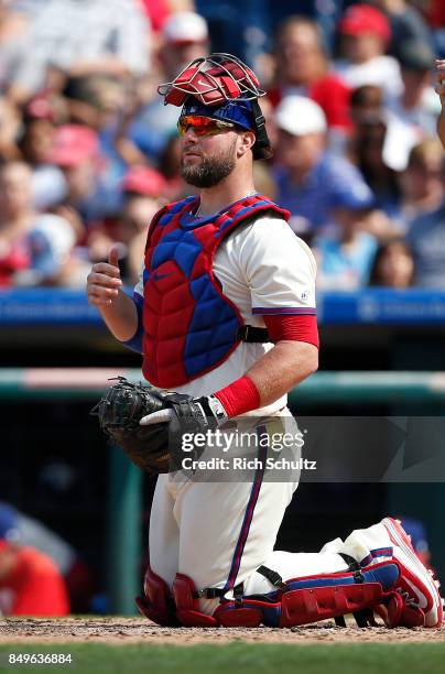 Cameron Rupp of the Philadelphia Phillies in action against the Oakland Athletics during a game at Citizens Bank Park on September 17, 2017 in...