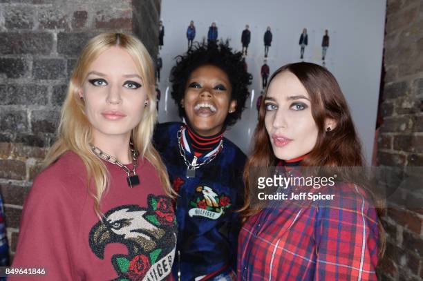 Georgia May Jagger and Elizabeth Jagger backstage ahead of the Tommy Hilfiger TOMMYNOW Fall 2017 Show during London Fashion Week September 2017 at...
