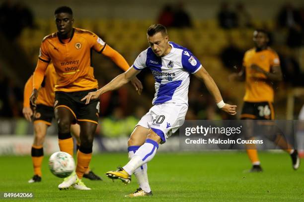 Billy Bodin of Bristol Rovers shoots at goal during the Carabao Cup tie between Wolverhampton Wanderers and Bristol Rovers at Molineux on September...