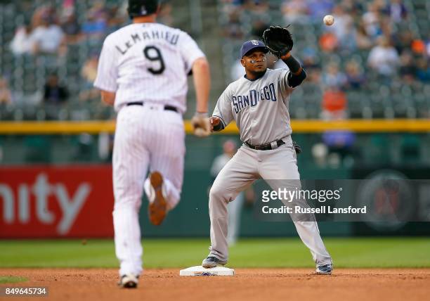Erick Aybar of the San Diego Padres receives a throw to get DJ LeMahieu of the Colorado Rockies during the fifth inning of a regular season MLB game...