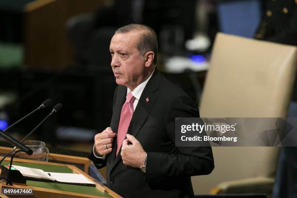 Recep Tayyip Erdogan, Turkey's president, speaks during the UN General Assembly meeting in New York, U.S., on Tuesday, Sept. 19, 2017. Erdogan warned...