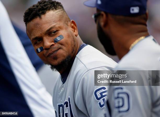 Erick Aybar of the San Diego Padres during a regular season MLB game between the Colorado Rockies and the visiting San Diego Padres at Coors Field on...