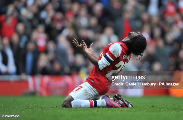 Arsenal's Gervinho reacts after missing a chance to score during the FA Cup fifth round match at The Emirates Stadium, London.