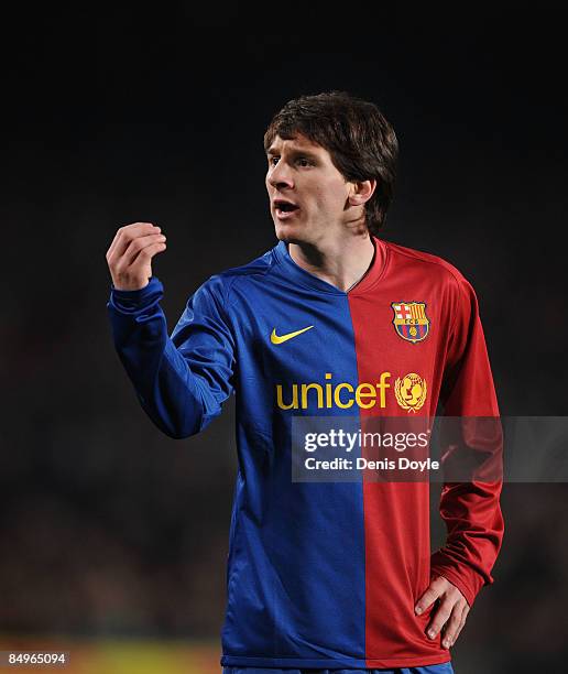 Lionel Messi of Barcelona gestures to the linesman during the La Liga match between Barcelona and Espanyol at the Camp Nou stadium on February 21,...