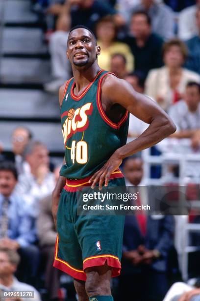 Shawn Kemp of the Seattle SuperSonics looks on circa 1996 at the Delta Center in Salt Lake City, Utah. NOTE TO USER: User expressly acknowledges and...