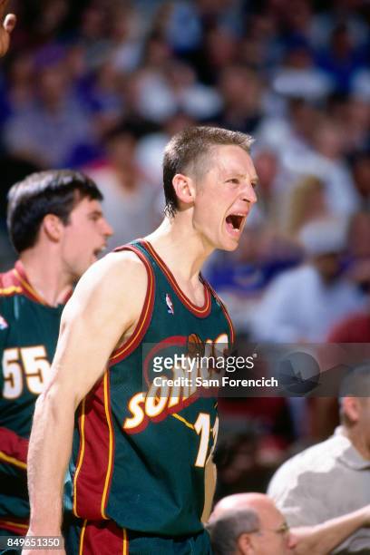 Detlef Schrempf of the Seattle SuperSonics reacts circa 1996 at Arco Arena in Sacramento, California. NOTE TO USER: User expressly acknowledges and...