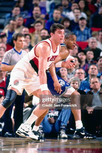 Arvydas Sabonis of the Portland Trail Blazers defends circa 1996 at the Rose Garden in Portland, Oregon. NOTE TO USER: User expressly acknowledges...