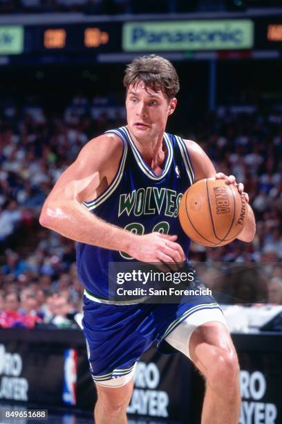 Christian Laettner of the Minnesota Timberwolves drives circa 1996 at Arco Arena in Sacramento, California. NOTE TO USER: User expressly acknowledges...