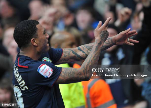 Blackburn's Colin Kazim-Richards celebrates with team mates after scoring the first goal during the FA Cup fifth round match at The Emirates Stadium,...