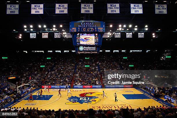 General view during the game between the Nebraska Cornhuskers and the Kansas Jayhawks on February 21, 2009 at Allen Fieldhouse in Lawrence, Kansas.