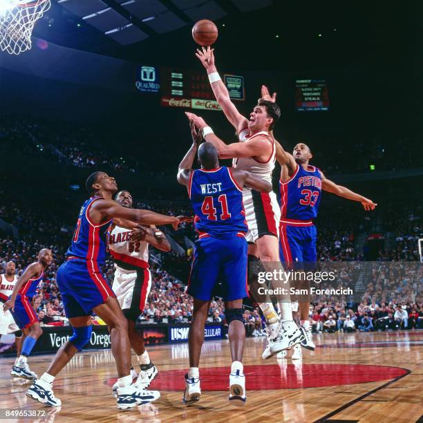 Arvydas Sabonis of the Portland Trail Blazers shoots circa 1996 at the Rose Garden in Portland, Oregon. NOTE TO USER: User expressly acknowledges and...