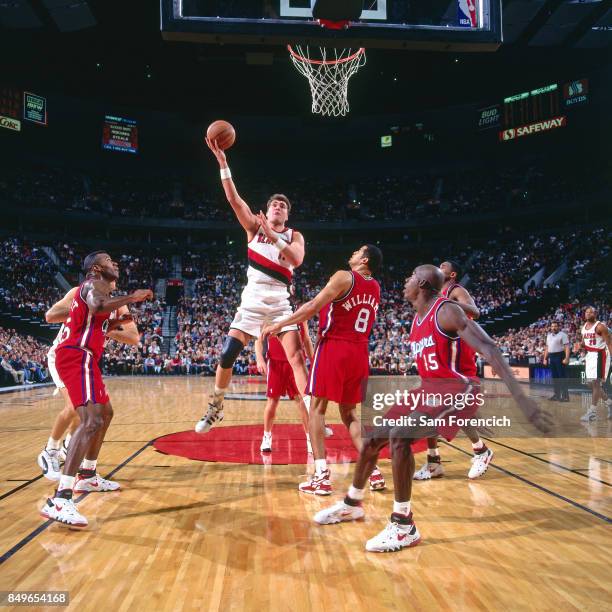 Arvydas Sabonis of the Portland Trail Blazers shoots circa 1996 at the Rose Garden in Portland, Oregon. NOTE TO USER: User expressly acknowledges and...