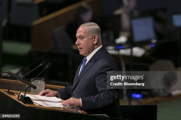 Benjamin Netanyahu, Israeli's prime minister, speaks during the UN General Assembly meeting in New York, U.S., on Tuesday, Sept. 19, 2017. Those who...