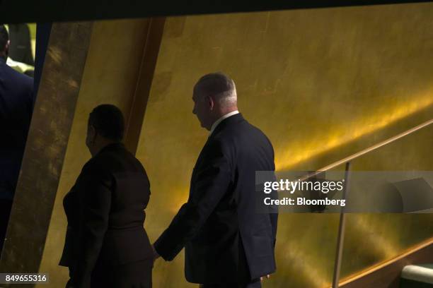 Benjamin Netanyahu, Israeli's prime minister, exits from the podium after speaking during the UN General Assembly meeting in New York, U.S., on...