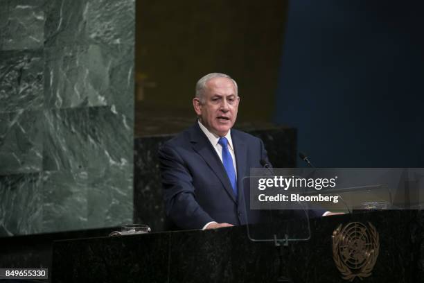 Benjamin Netanyahu, Israeli's prime minister, speaks during the UN General Assembly meeting in New York, U.S., on Tuesday, Sept. 19, 2017. Those who...