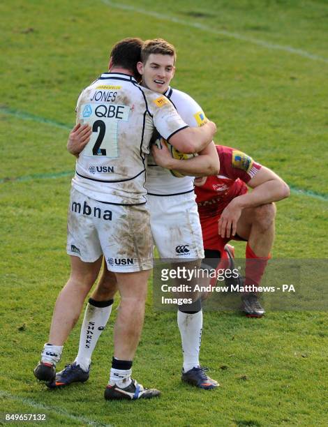 Sale Sharks' Will Cliff celebrates with team mate Marc Jones after scoring their side's first try of the game during the Aviva Premiership match at...