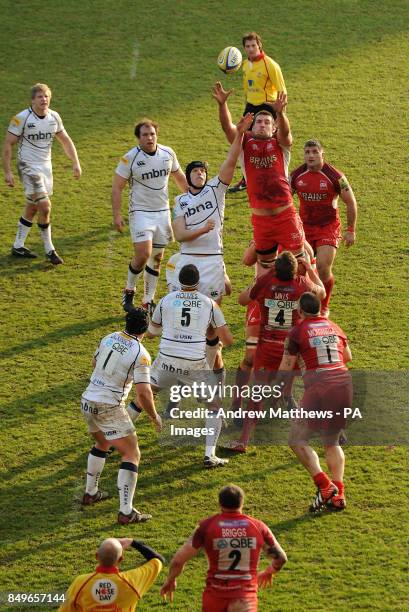 Sale Sharks' James Gaskell and London Welsh's Matt Corker rise high for the ball in a line out during the Aviva Premiership match at the Kassam...