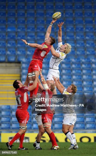 Sale Sharks' Richie Gray and London Welsh's Ed Jackson rise high for the ball in a line out during the Aviva Premiership match at the Kassam Stadium,...