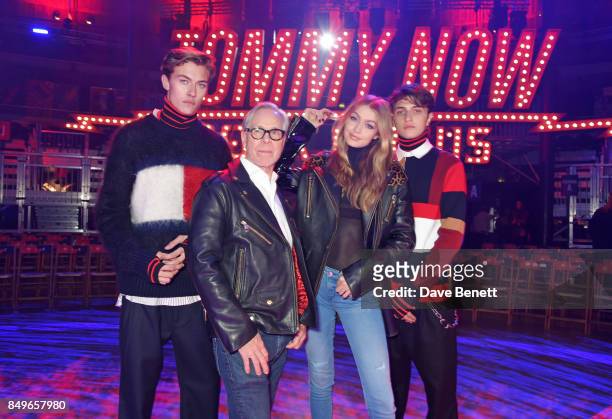 Lucky Blue Smith, Tommy Hilfiger, Gigi Hadid and Anwar Hadid attend the Tommy Hilfiger TOMMYNOW Fall 2017 Show during London Fashion Week September...