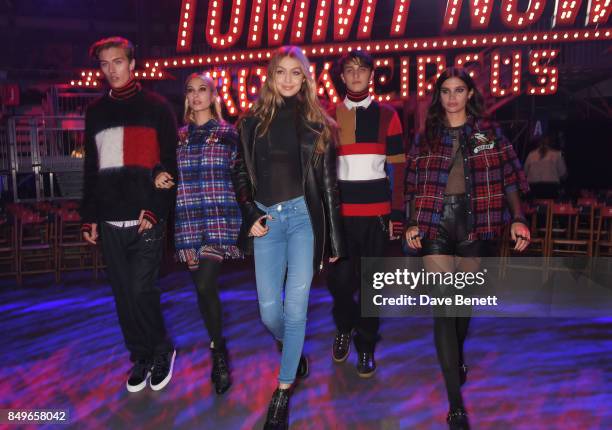 Lucky Blue Smith, Hailey Baldwin, Gigi Hadid, Anwar Hadid and Sara Sampaio attend the Tommy Hilfiger TOMMYNOW Fall 2017 Show during London Fashion...