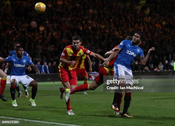 Carlos Alberto Pena of Rangers scores the opening goal of the game during the Betfred League Cup Quarter Final at Firhill Stadium on September 19,...