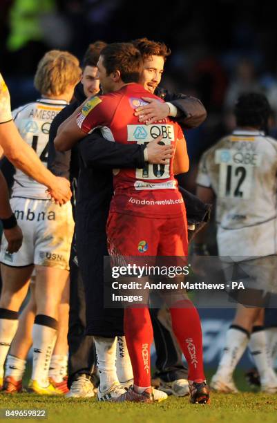 Sale Sharks' Danny Cipriani and London Welsh's Gavin Henson embrace after the Aviva Premiership match at the Kassam Stadium, Oxford.