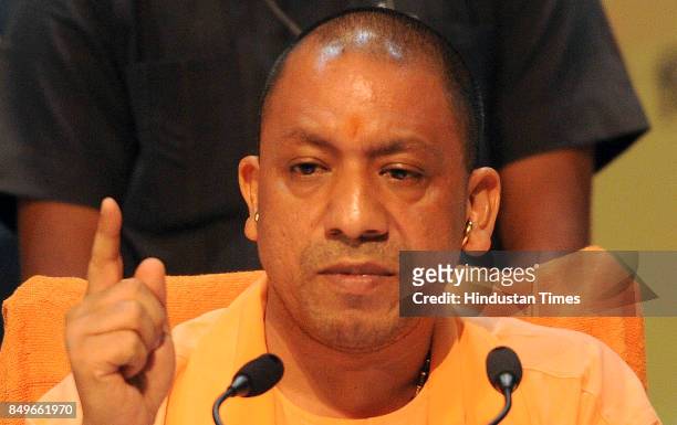 Uttar Pradesh Chief Minister Yogi Adityanath during a press conference at Lok Bhawan on September 19, 2017 in Lucknow, India.