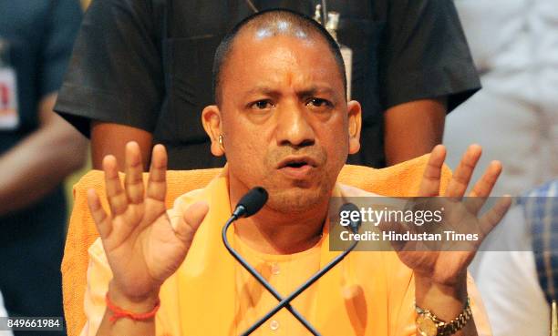 Uttar Pradesh Chief Minister Yogi Adityanath during a press conference at Lok Bhawan on September 19, 2017 in Lucknow, India.