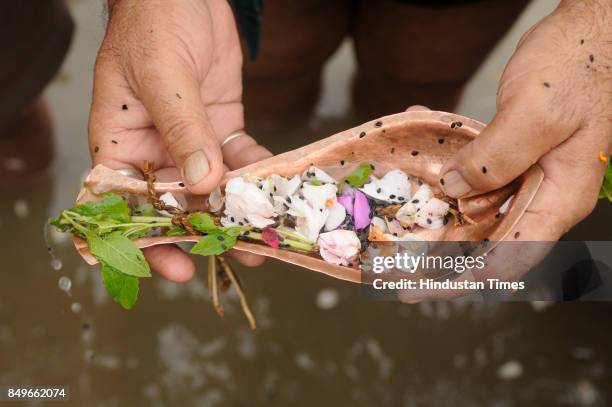 Hindu men seen offering food and water to ancestors on the bank of river Hooghly at Jagannath Ghat on September 19, 2017 in Kolkata, India. As per...