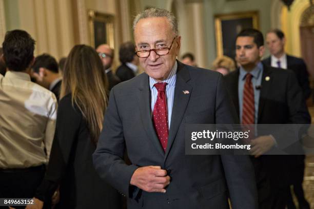 Senate Minority Leader Chuck Schumer, a Democrat from New York, arrives to a news conference after a Democratic policy meeting luncheon at the U.S....