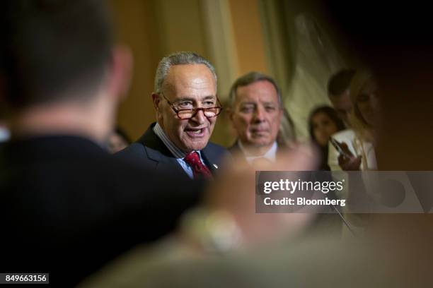 Senate Minority Leader Chuck Schumer, a Democrat from New York, speaks during a news conference after a Democratic policy meeting luncheon at the...