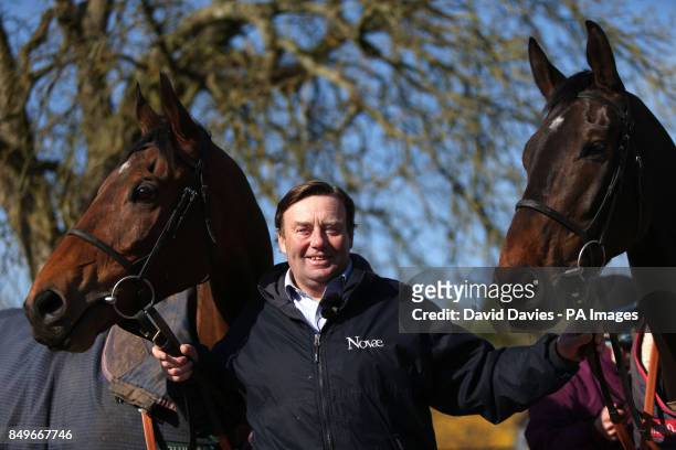 Trainer Nicky Henderson with Bobs Worth and Long Run during the visit to Nicky Henderson's Stables at Seven Barrows in Lambourn.