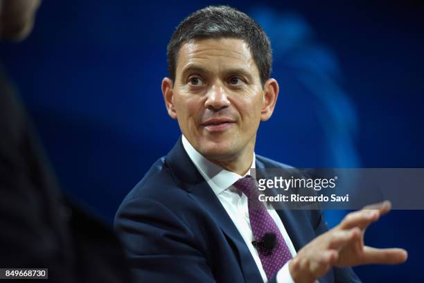 David Miliband, President and CEO of International Rescue Committee speaks at The 2017 Concordia Annual Summit at Grand Hyatt New York on September...