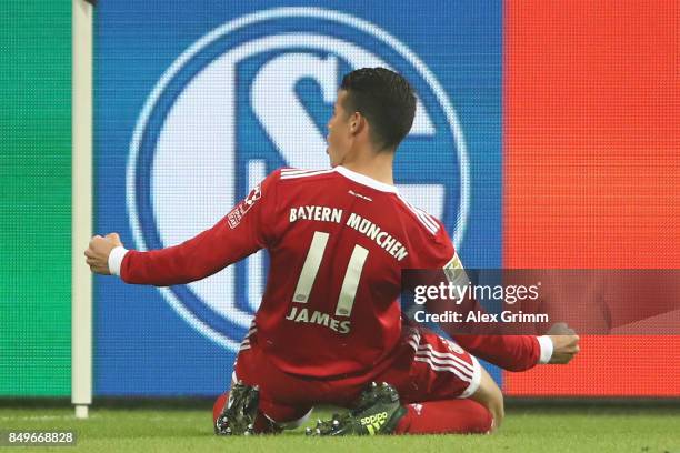 James Rodriguez of Bayern Muenchen celebrates after he scored his teams second goal to make it 2:0 during the Bundesliga match between FC Schalke 04...