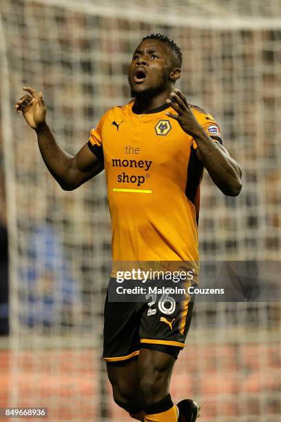 Bright Enobakhare of Wolverhampton Wanderers reacts after missing a shot at goal during the Carabao Cup tie between Wolverhampton Wanderers and...