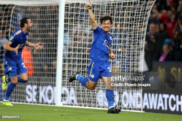Shinji Okazaki of Leicester City celebrates after scoring to make it 1-0 during the Carabao Cup third round match between Leicester City and...