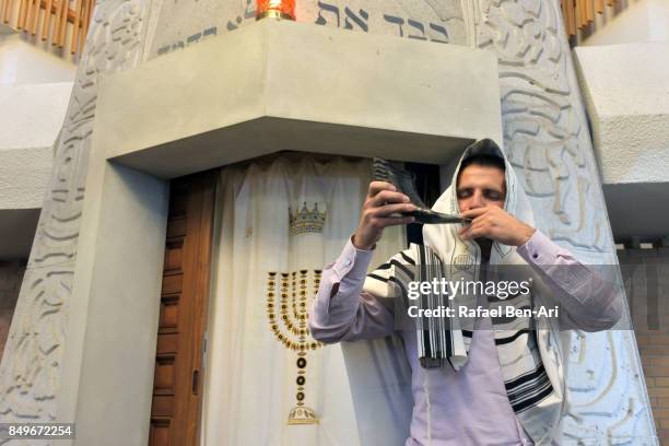 jewish rabbi blows shofar in a synagogue - shofar stock pictures, royalty-free photos & images