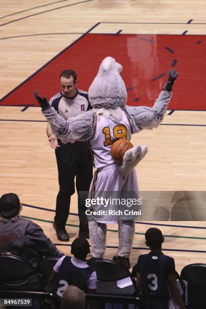 Routie the Tulsa 66ers Mascot hides the ball from the referee in the D-League game against the Albuquerque Thunderbirds on February 21, 2009 at the...