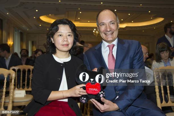 Jessica Liu, President of Tmall fashion and Thibault Villet, Co-Founder and President of mei.com attend mei.com presentation at Palazzo Parigi on...