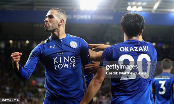 Islam Slimani of Leicester City celebrates scoring his sides second goal with Shinji Okazaki of Leicester City during the Carabao Cup Third Round...