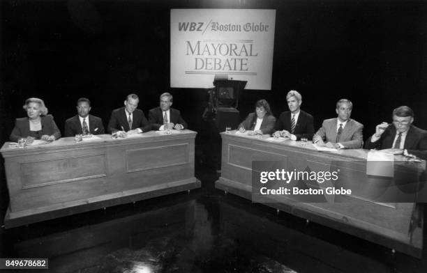 From left, Boston Mayoral Candidates Rosaria Salerno, Bruce Bolling, Jim Brett, Tom Menino, Diane Moriarty, Christ Lydon, Bob Rufo along with Mickey...