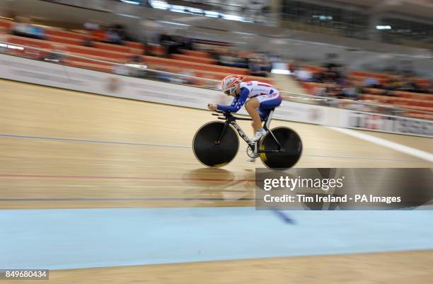 The USA's Sarah Hammer rides in the individual pursuit qualifying on day one of the UCI Track Cycling World Championships at the Minsk Arena, Minsk.