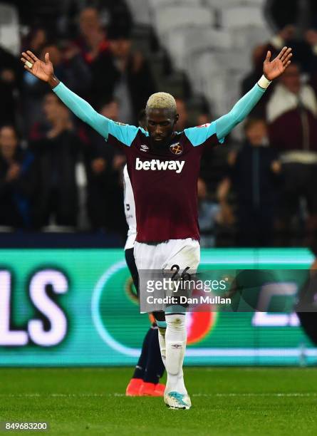 Arthur Masuaku of West Ham United celebrates scoring his sides third goal during the Carabao Cup Third Round match between West Ham United and Bolton...