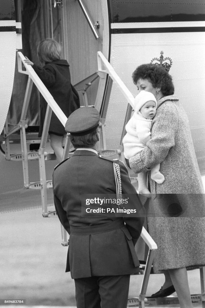 Royalty - Prince William and Prince Harry with their nanny Barbara Barnes - Dyce Airport - Aberdeen