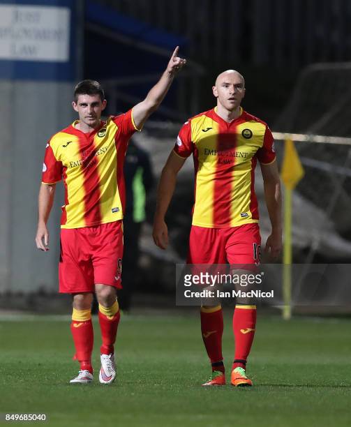 Kris Doolan of Partick Thistle celebrates after he scores during the Betfred League Cup Quarter Final at Firhill Stadium on September 19, 2017 in...